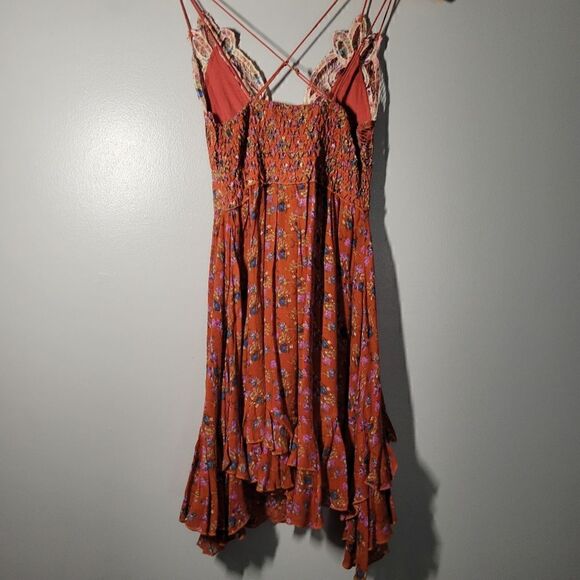 Free People Ladies Size Small Floral Frilled Chemise Dress Orange - Picture 6 of 10